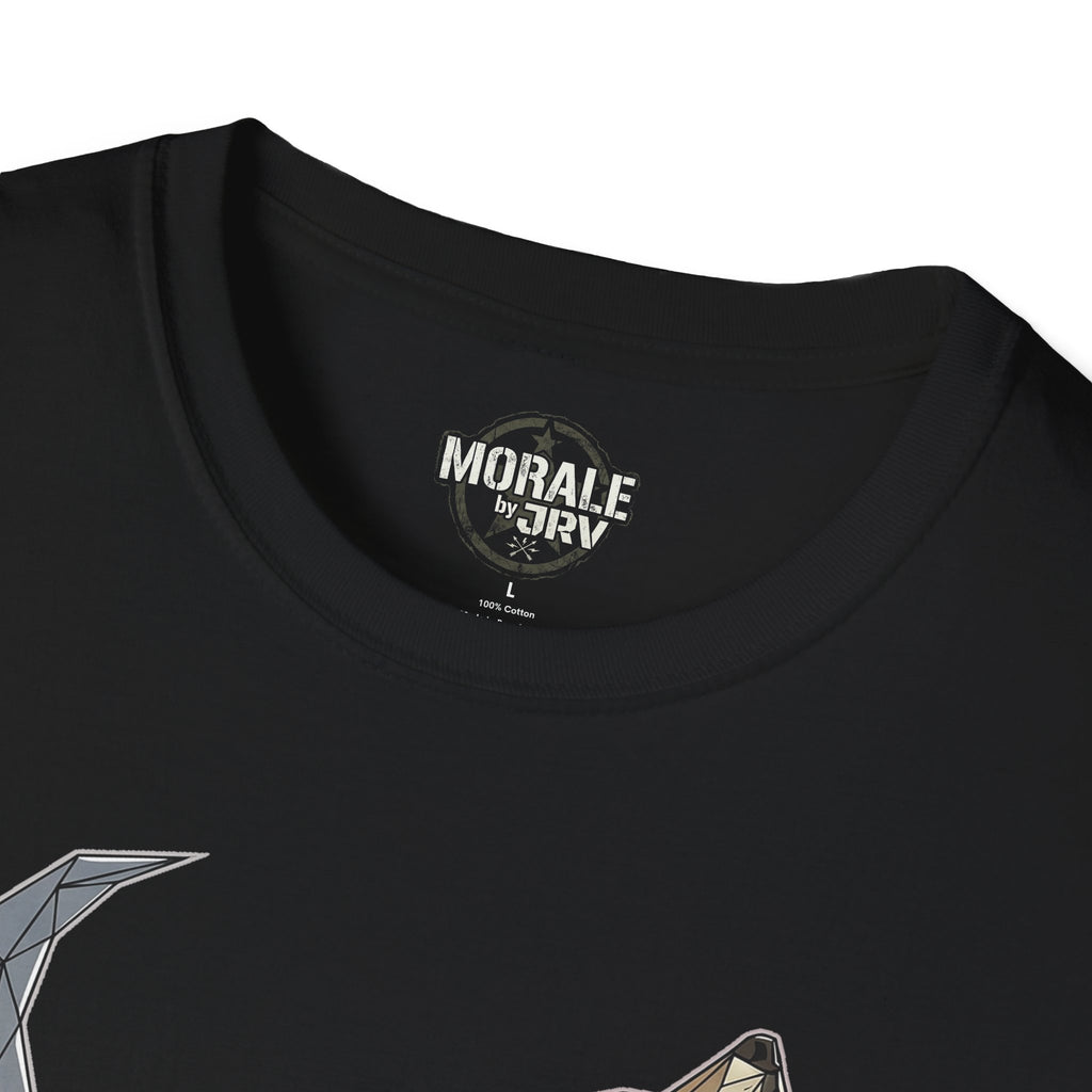 Lone Wolf T-shirt, black crew neck label area with circular logo