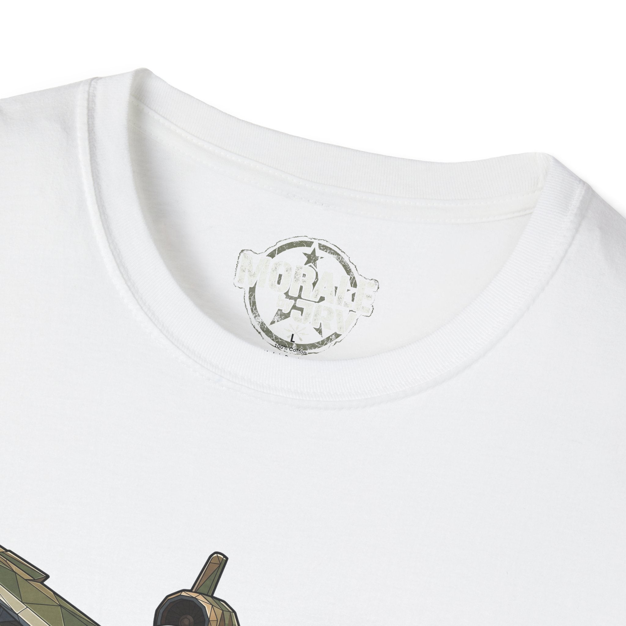 White T-shirt close-up of neck label with circular aircraft graphic element