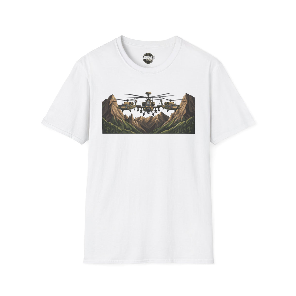 White crew-neck t-shirt with centered helicopter over mountain landscape graphic.