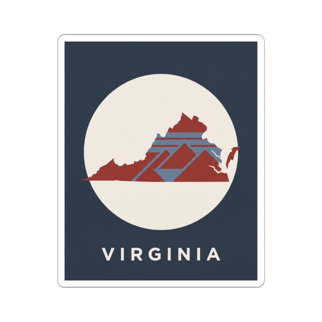 Virginia state map decal in dark blue square with cream circle and red geometric map artwork