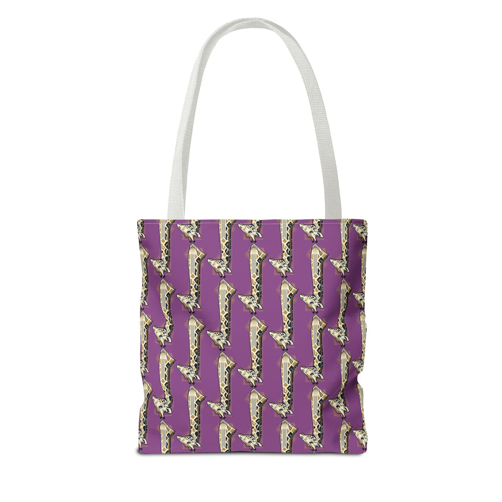 Purple saxophone patterned tote bag front view with white handles
