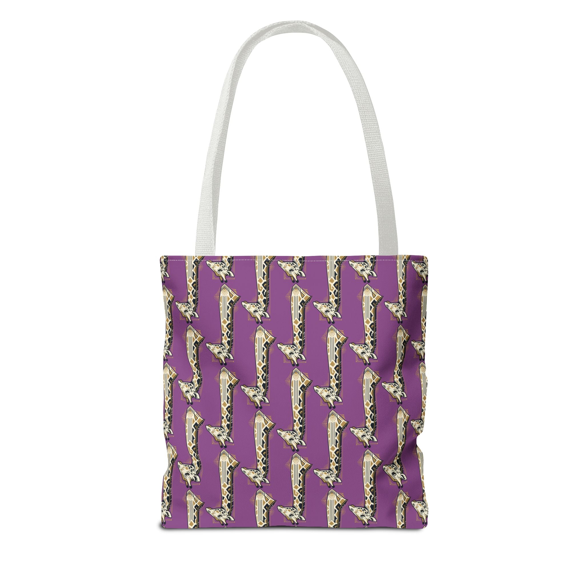 Purple saxophone patterned tote bag front view with white handles