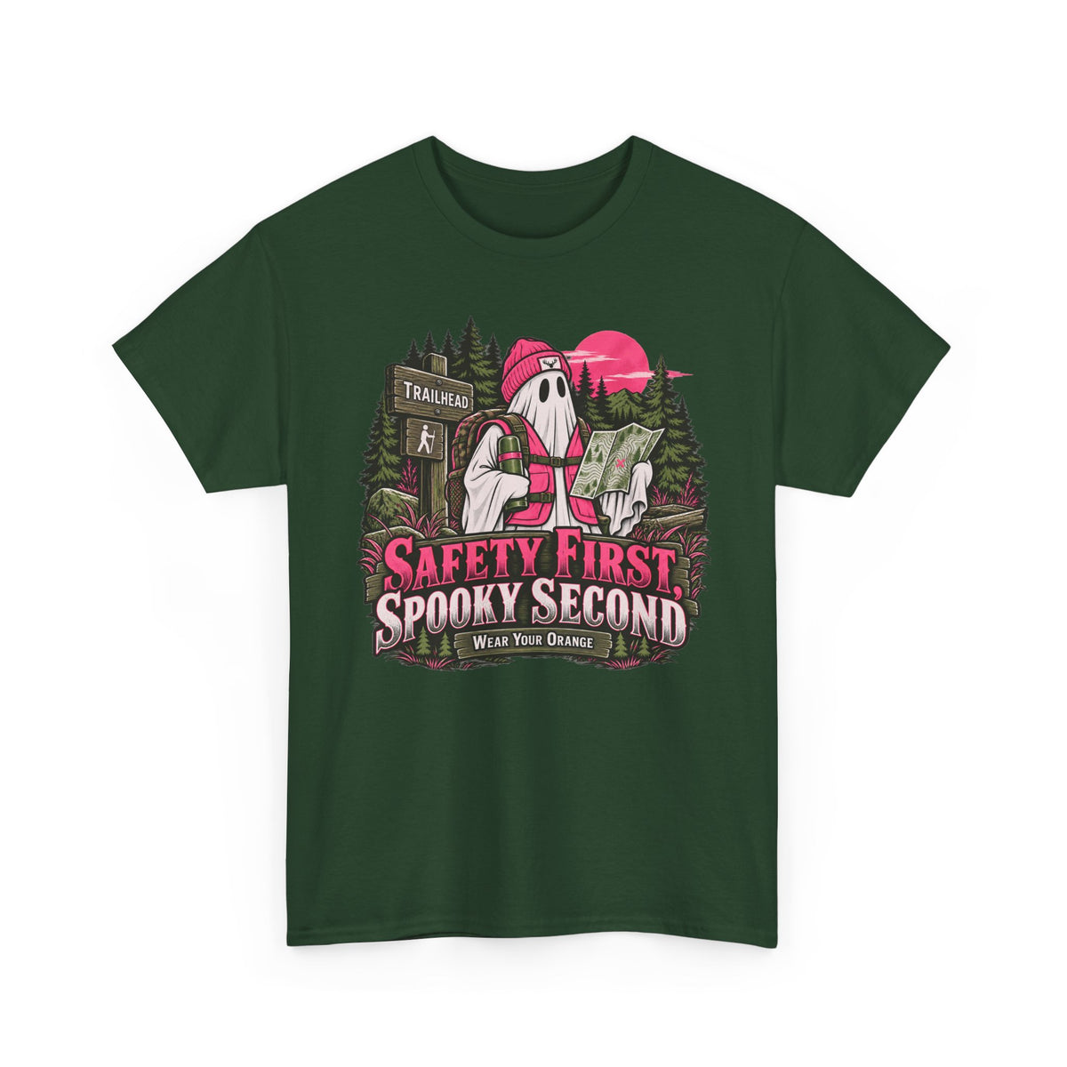 Safety First Spooky Second T-Shirt, Funny Ghost Hiker Halloween Shirt for Men and Women, Camping Trail Graphic Tee