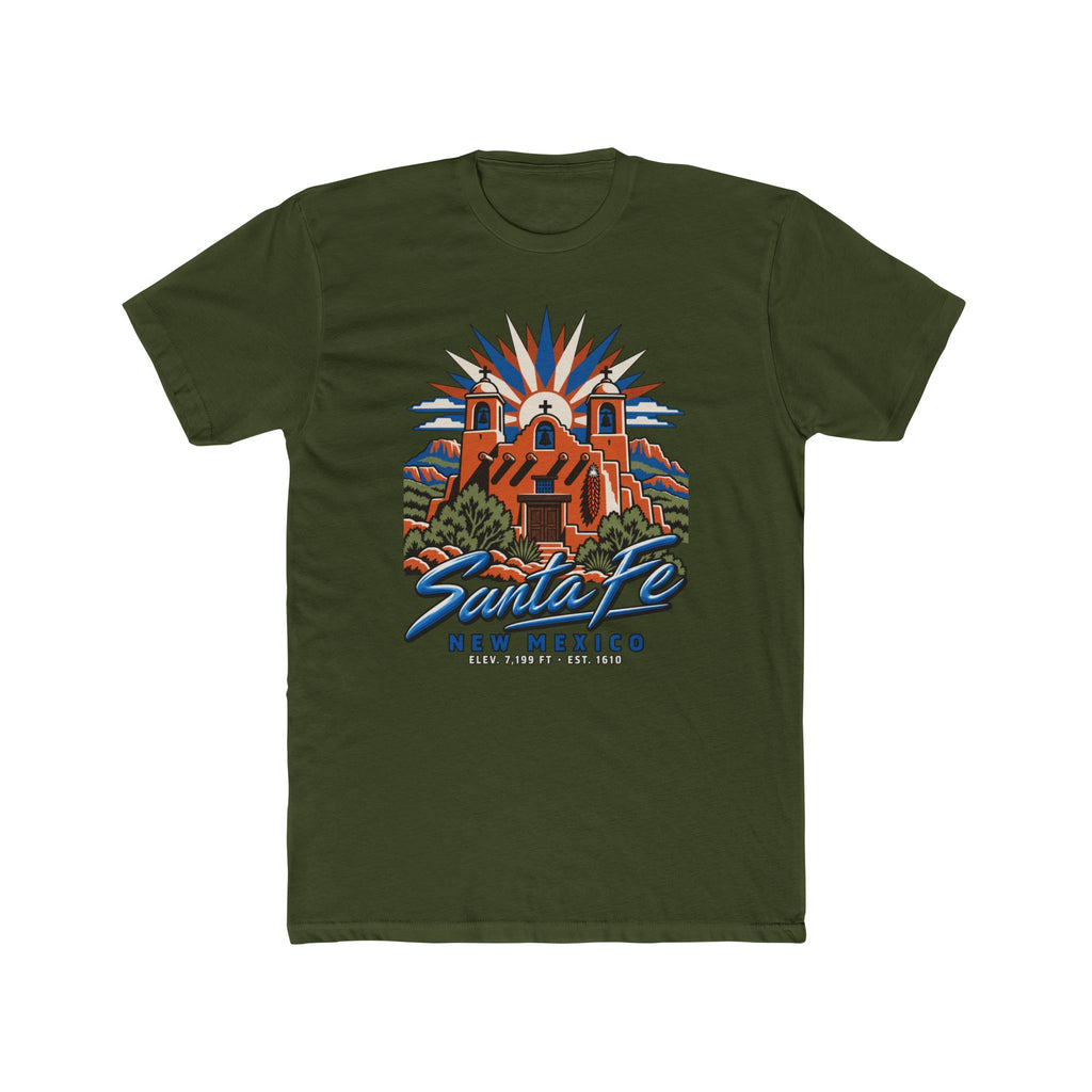Dark green T-shirt with colorful Santa Fe New Mexico pueblo illustration graphic