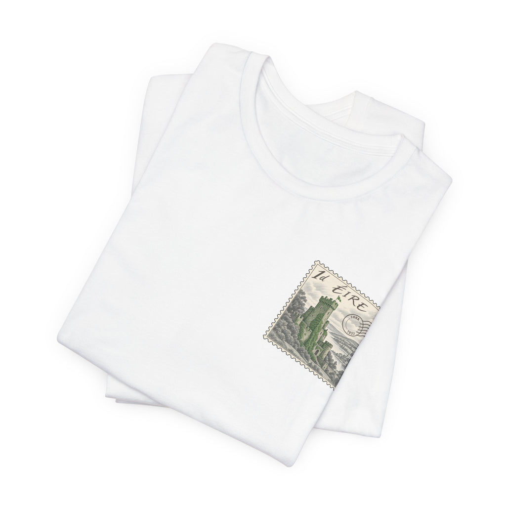 White crewneck t-shirt set with small vintage postage stamp graphic on front