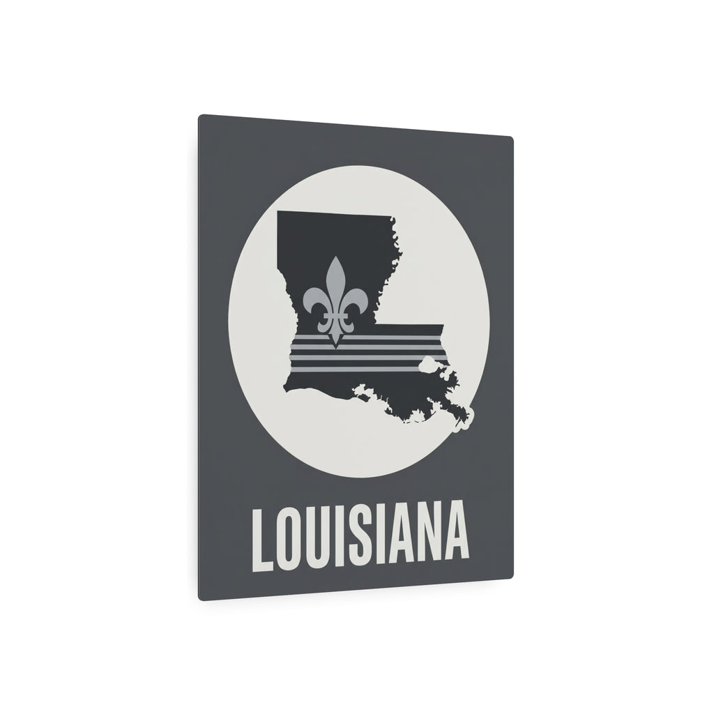 Louisiana metal art sign with white circle state emblem, fleur-de-lis, and “LOUISIANA”