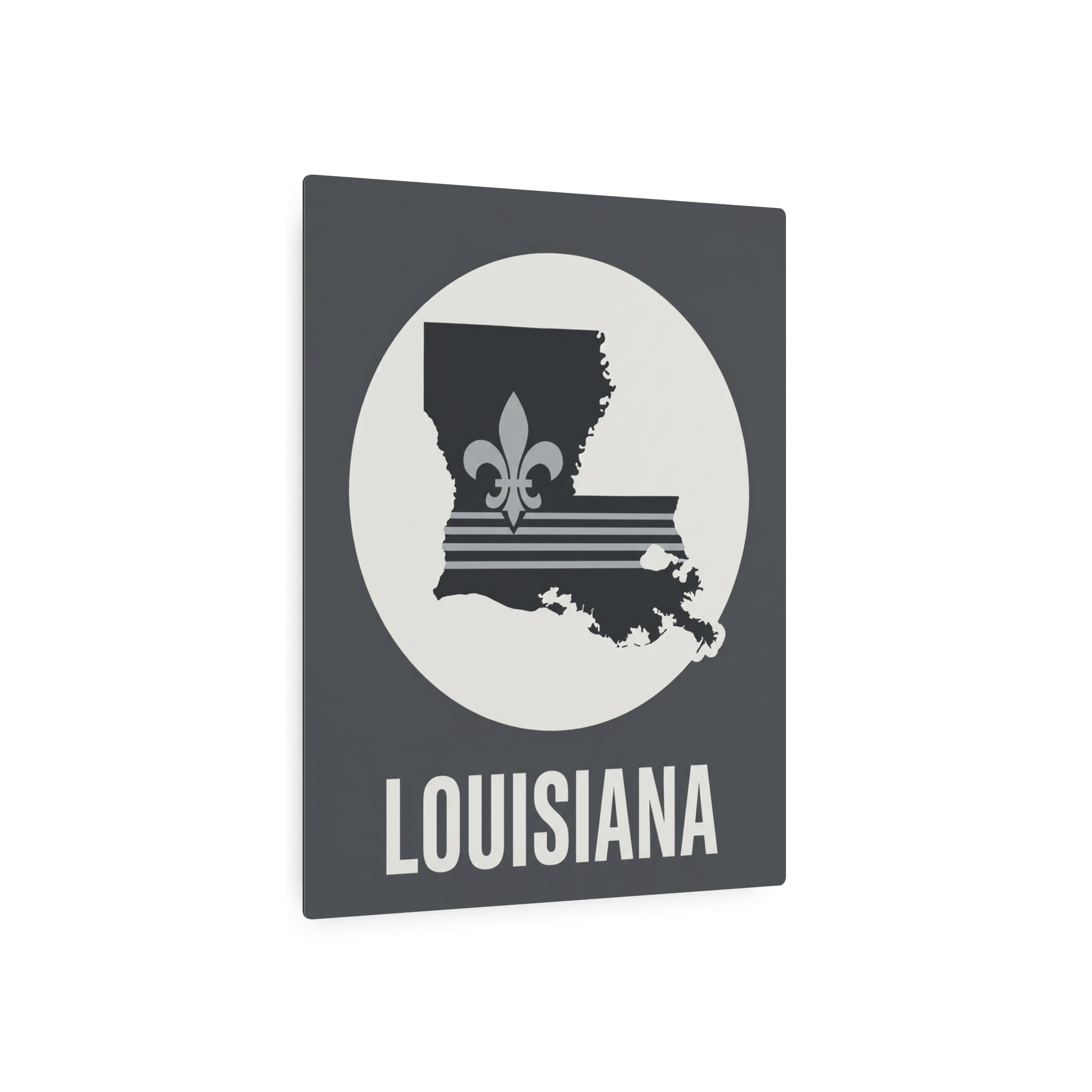 Louisiana metal art sign with white circle state emblem, fleur-de-lis, and “LOUISIANA”