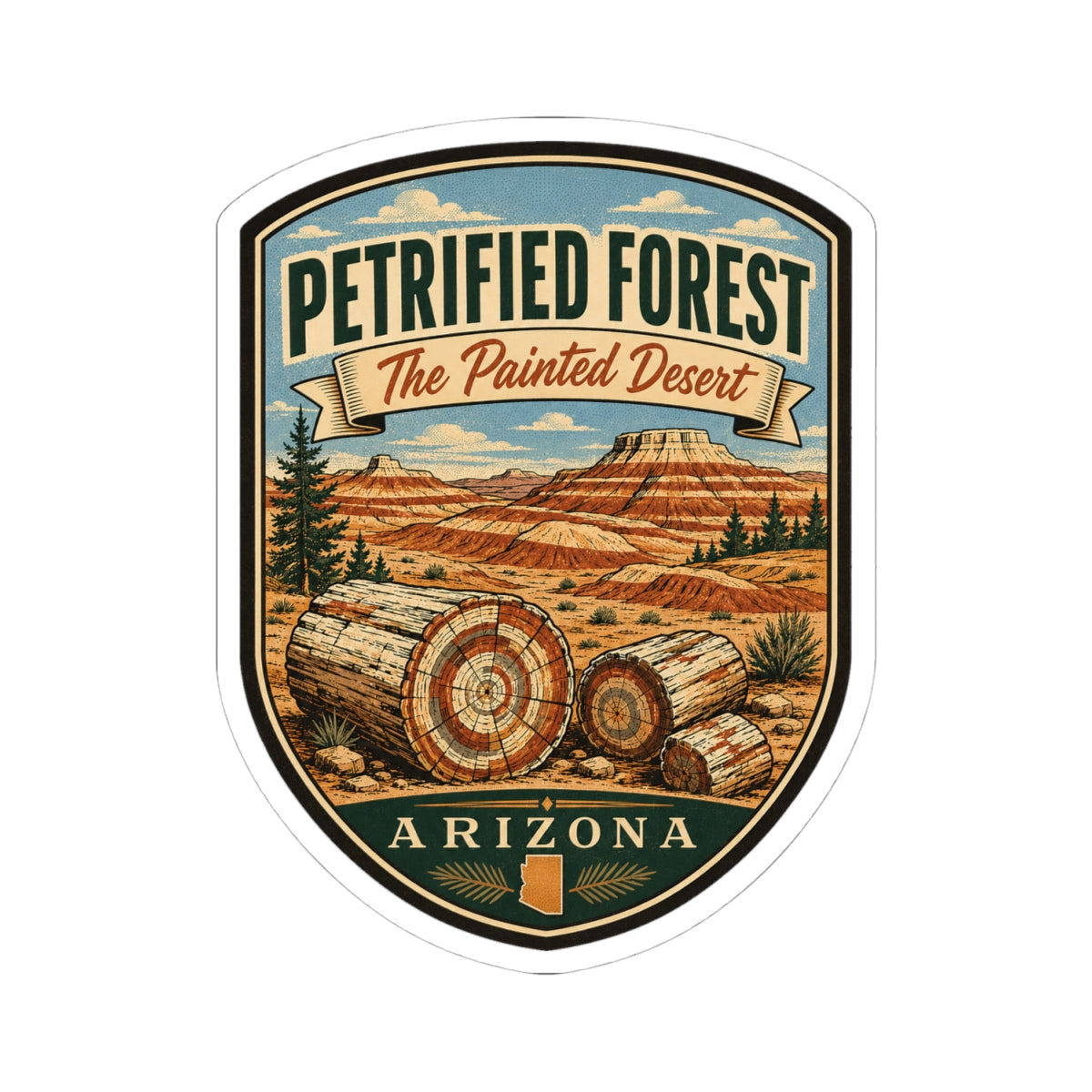 Petrified Forest travel sticker showing shield artwork with desert landscape, logs, and Arizona