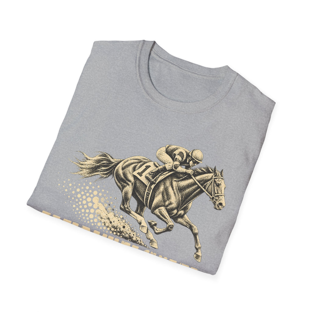 Light gray t-shirt with gold jockey and galloping racehorse graphic across chest
