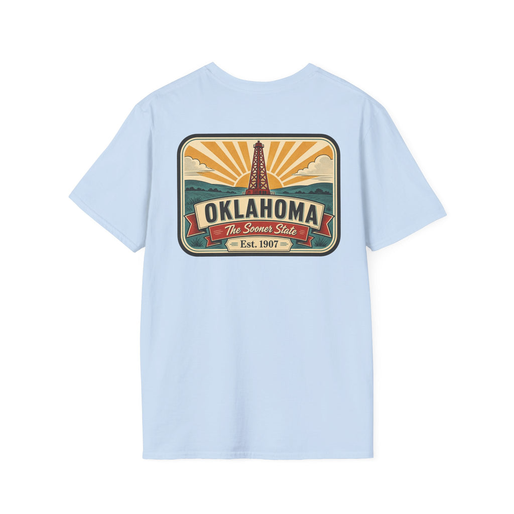 Light blue T-shirt with rectangular Oklahoma Sooner State logo