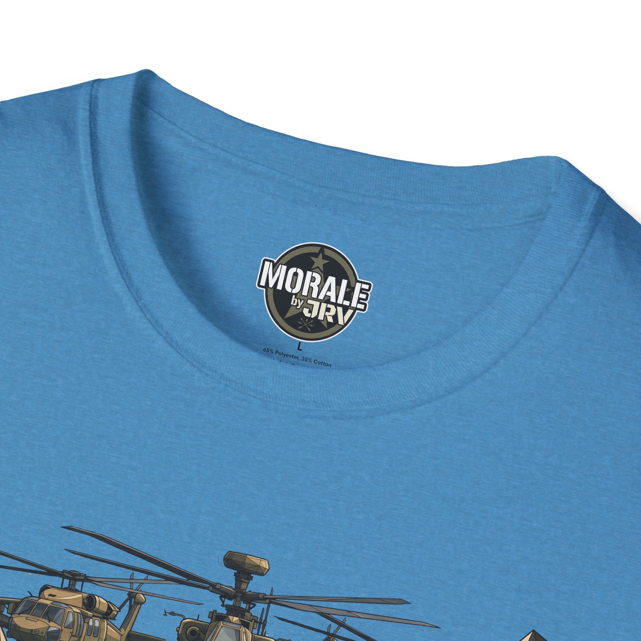 Light blue T-shirt with Morale by JRIV logo at neckline
