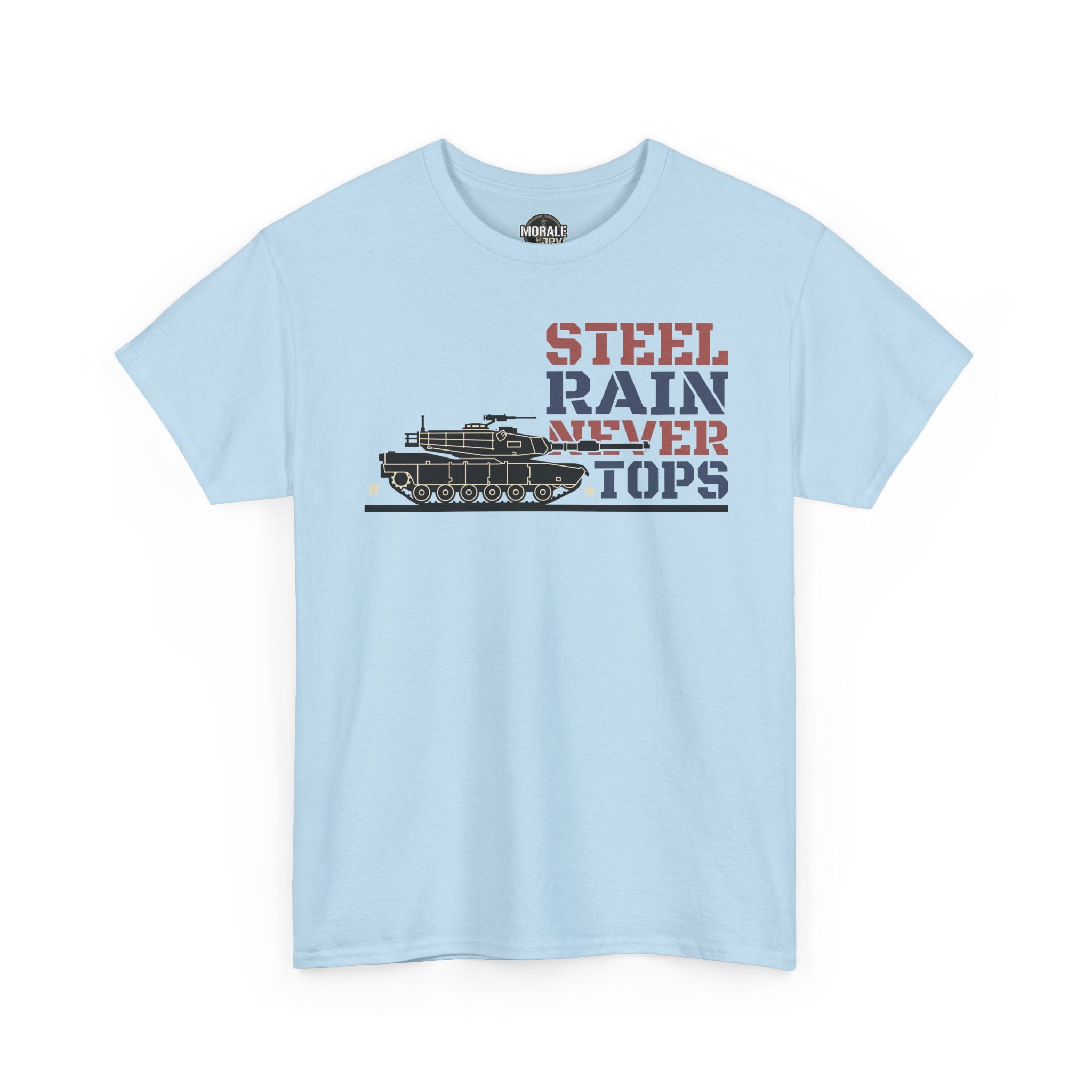 Light blue crewneck T-shirt with tank front graphic