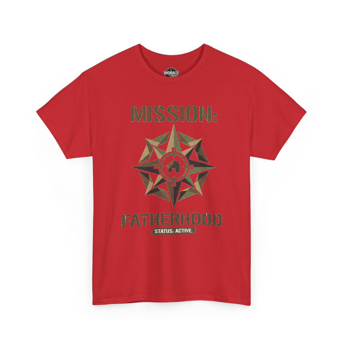 Red fatherhood graphic t-shirt with compass star badge front print