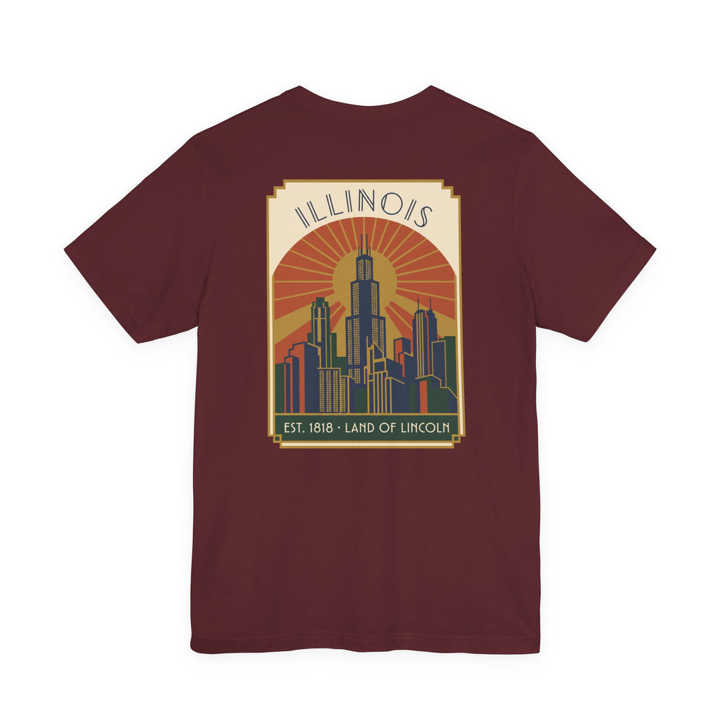 Maroon art deco T-shirt with Illinois skyline graphic and retro sunset badge