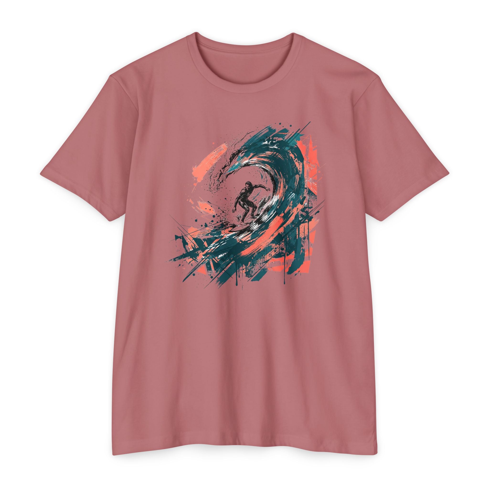 Dusty rose unisex T-shirt with front abstract wave paintbrush graphic in teal, green, orange, and black