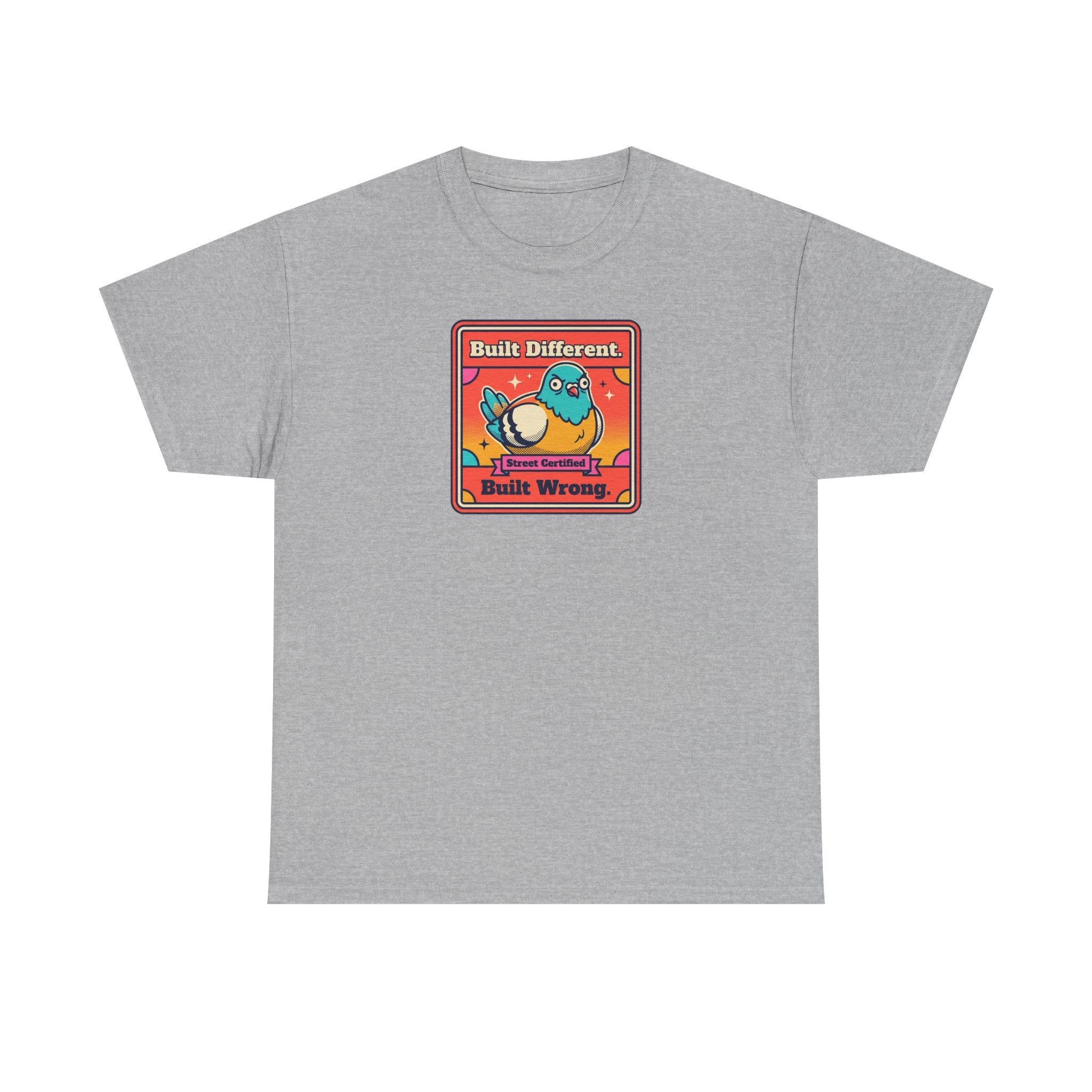 Sport gray t-shirt with framed bird graphic, 'Built Different' and 'Built Wrong' text.