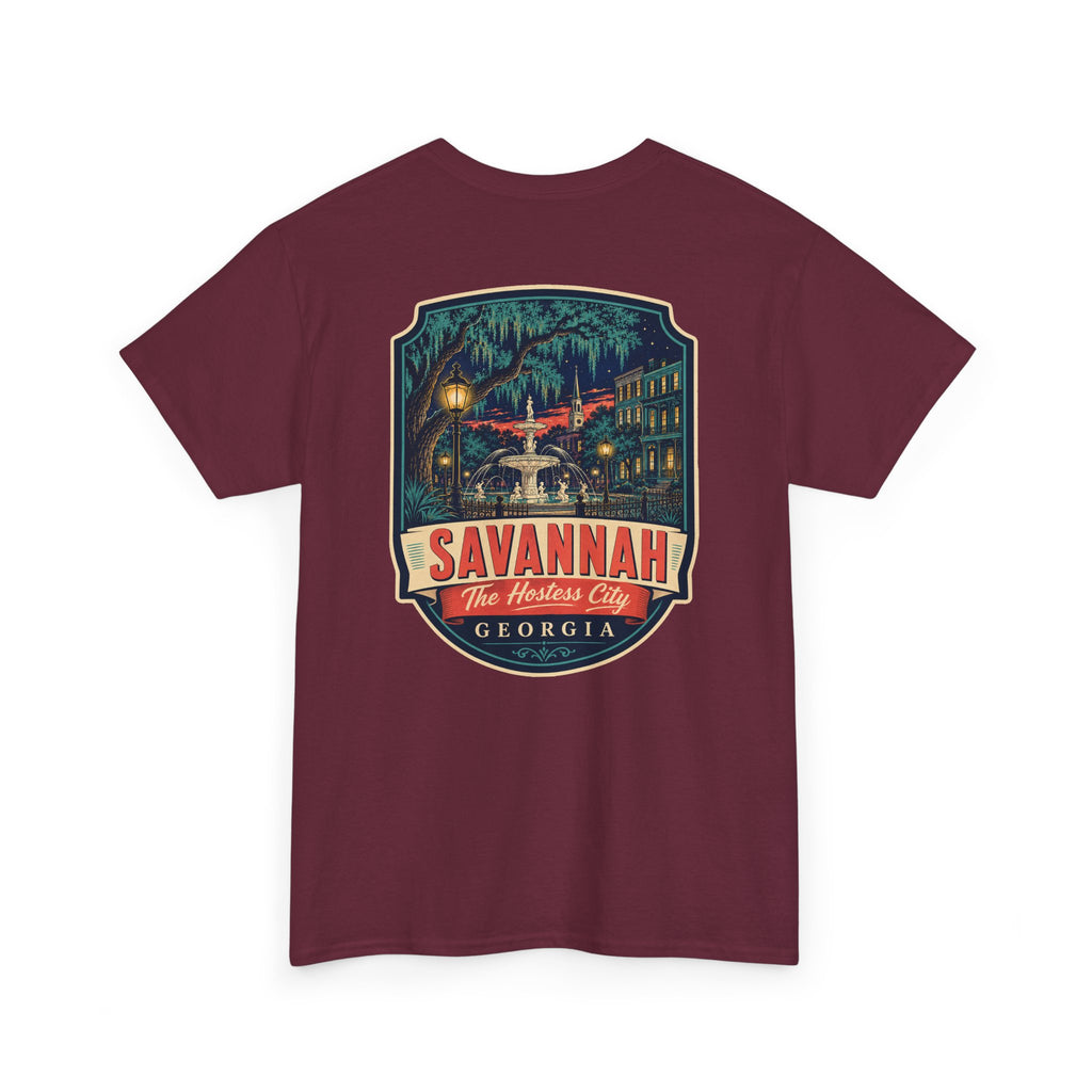 Maroon Savannah city badge graphic T-shirt with short sleeves and crew neck.
