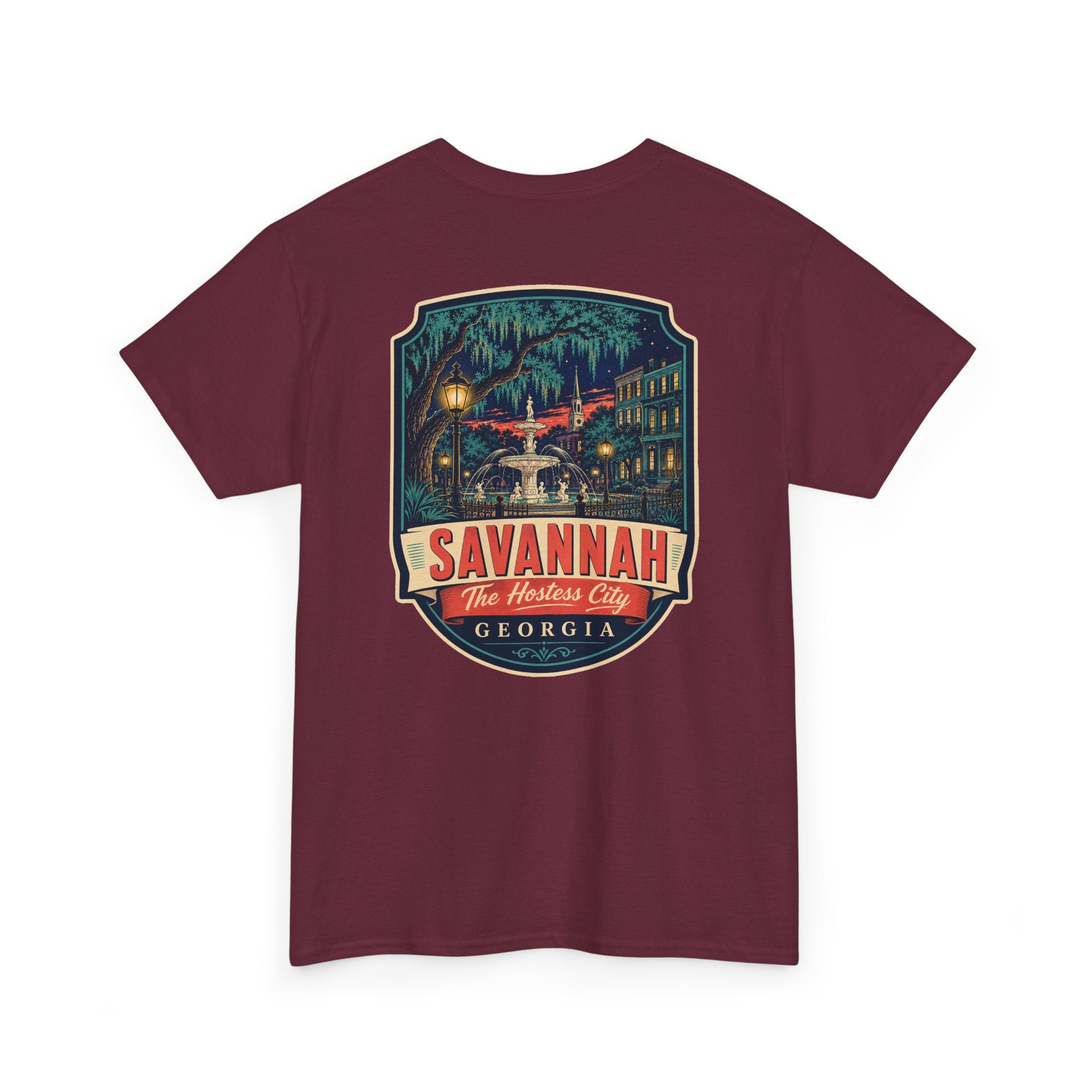 Maroon Savannah city badge graphic T-shirt with short sleeves and crew neck.