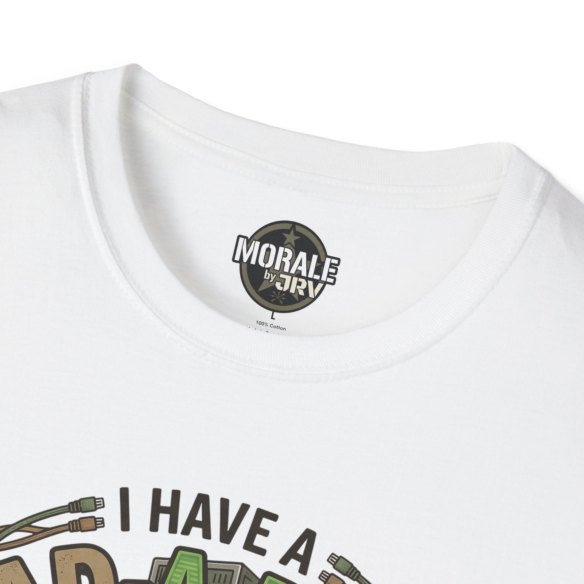 White T-shirt neckline with inner brand label and partial “I have a” print