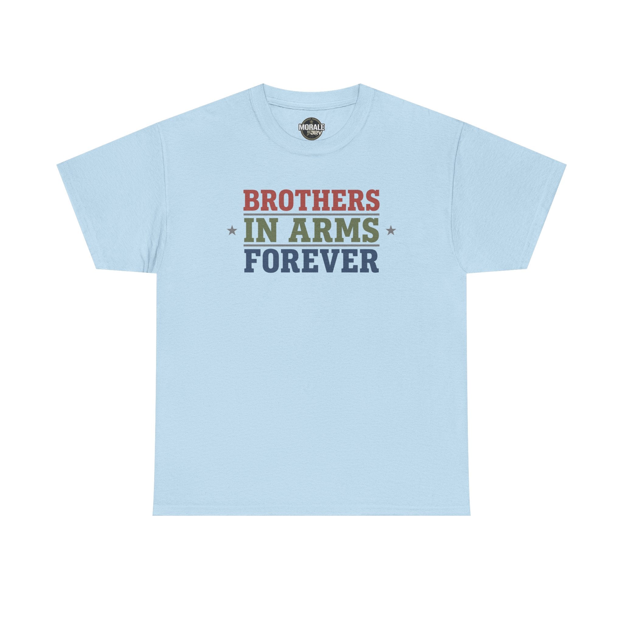 Light blue crewneck tee with "BROTHERS IN ARMS FOREVER" graphic on chest