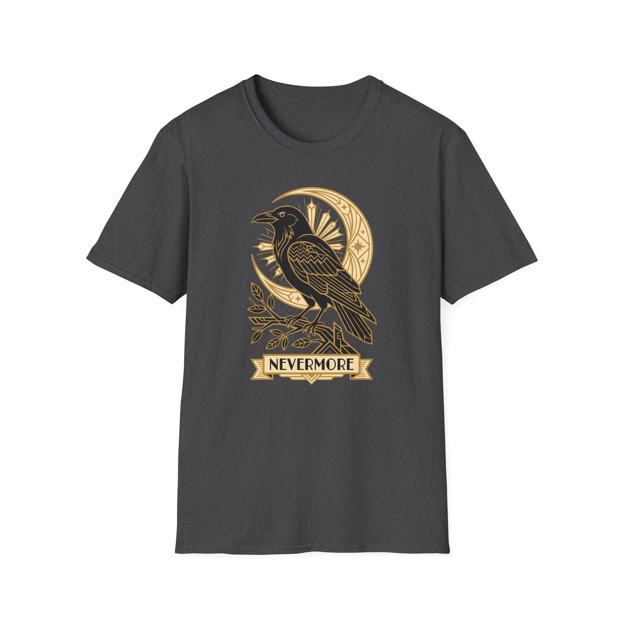 Crewneck T-shirt in dark gray with gold raven and moon graphic, short sleeves