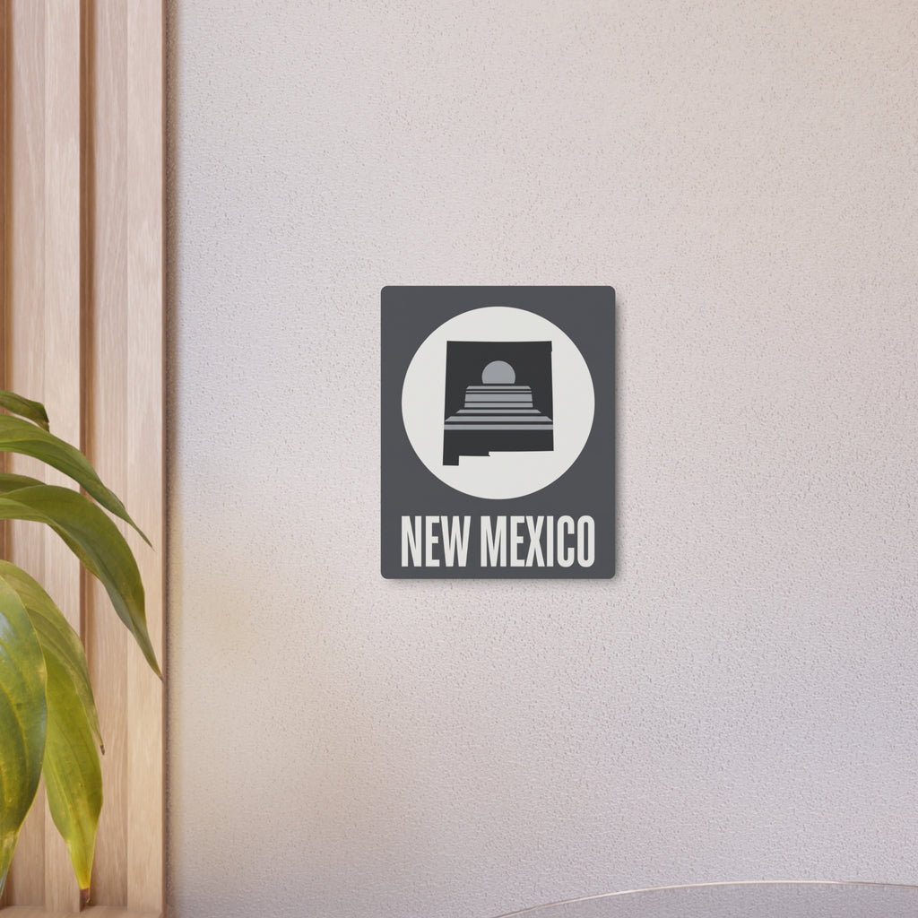 Square metal wall art sign featuring circular skyline icon and “NEW MEXICO” text