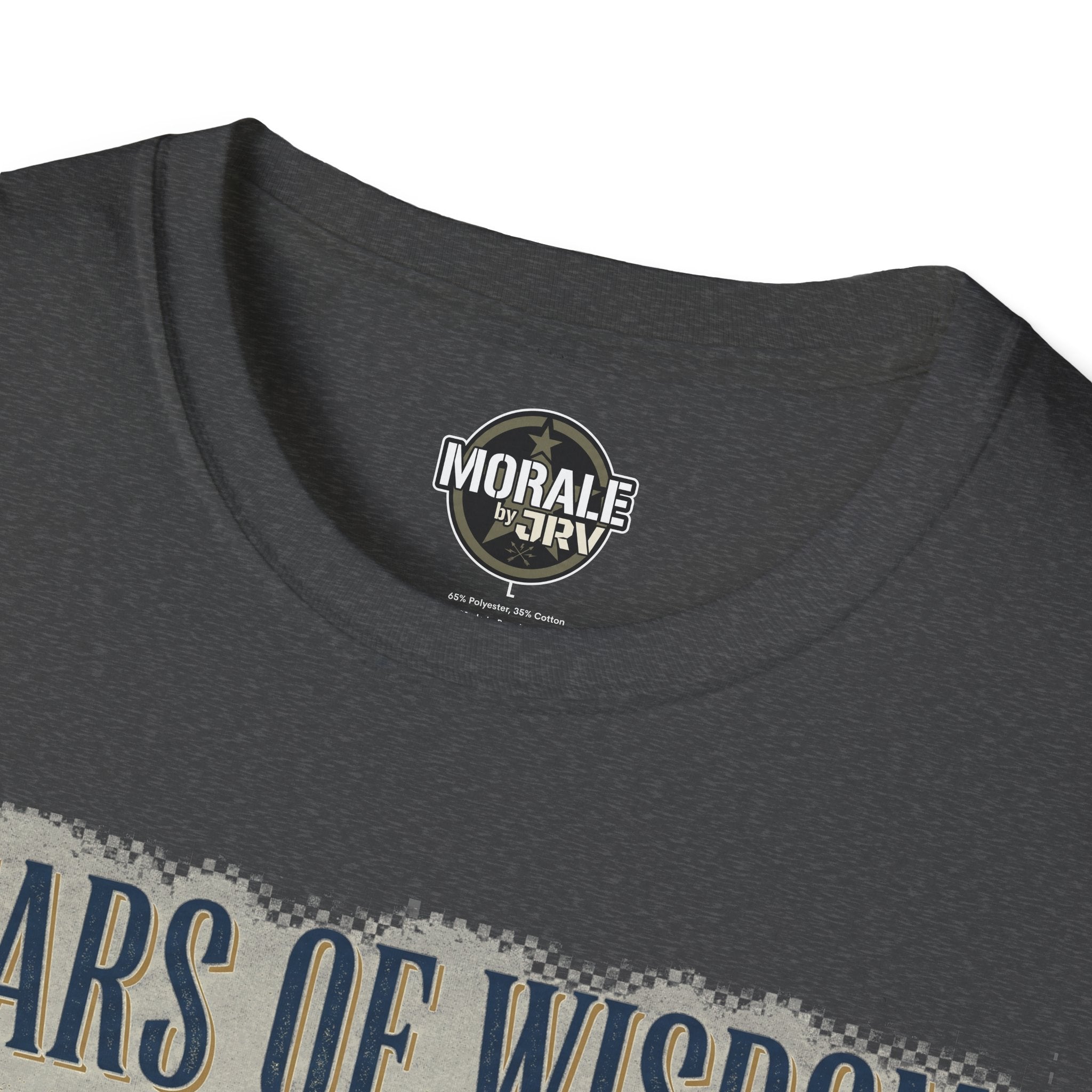 Dark heather T-shirt neckline with circular logo patch