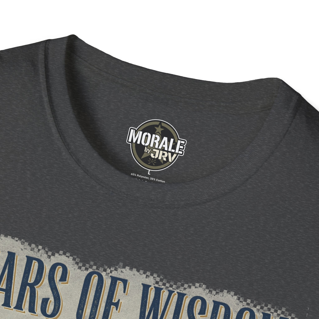 Dark heather gray T-shirt neckline logo patch and “100% cotton” label