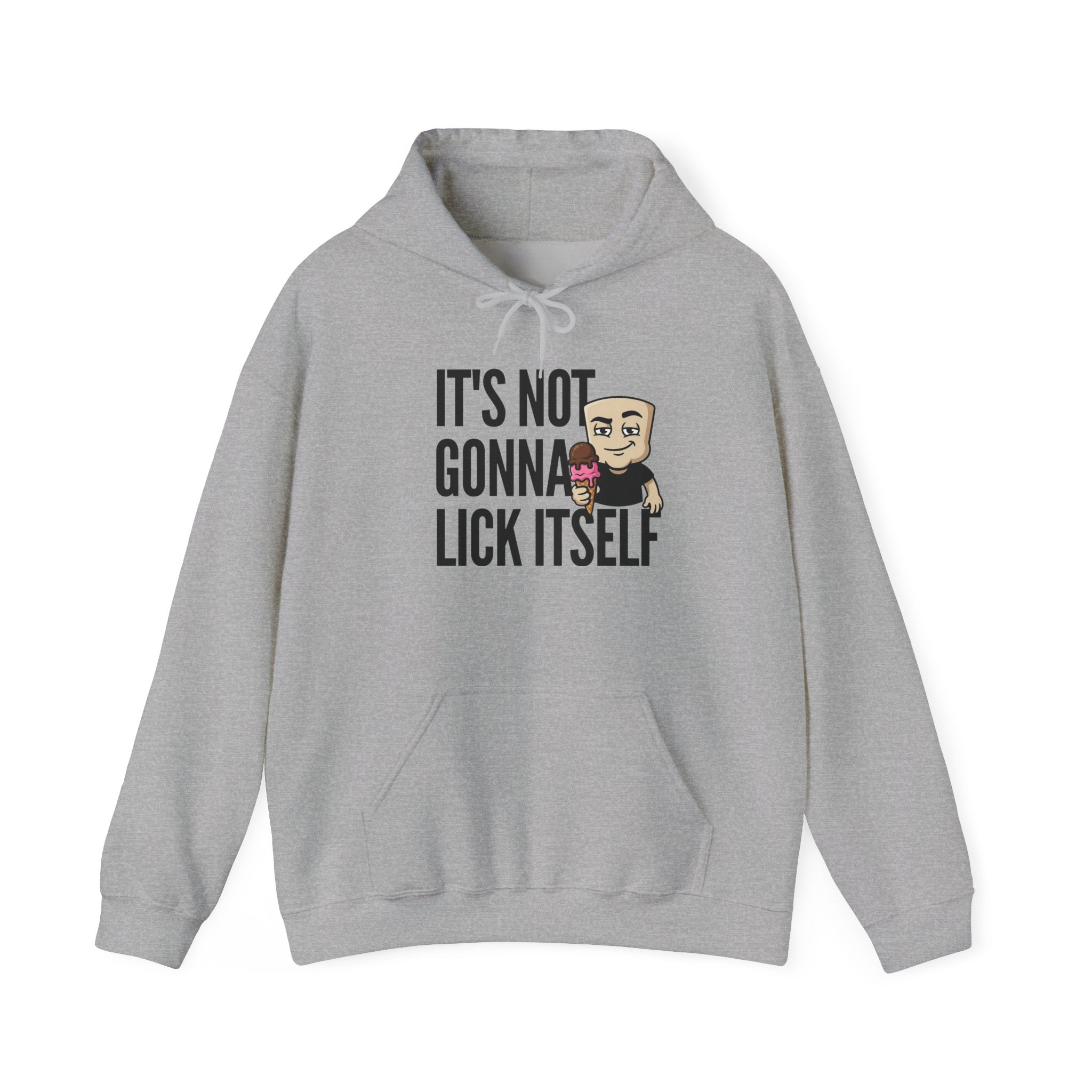 Gray hoodie with front pocket, hood, and ice cream character 'IT'S NOT...' graphic.