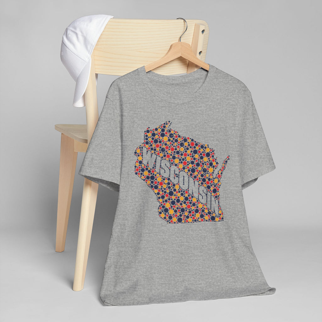 Heather gray t-shirt with colorful dotted Wisconsin map floral graphic.