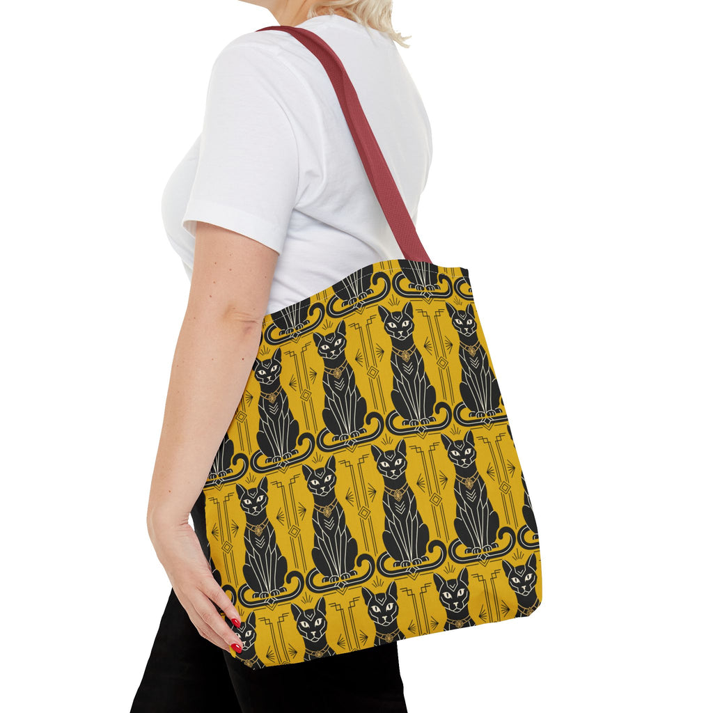 Yellow tote bag with black Art Nouveau cat pattern and red shoulder straps