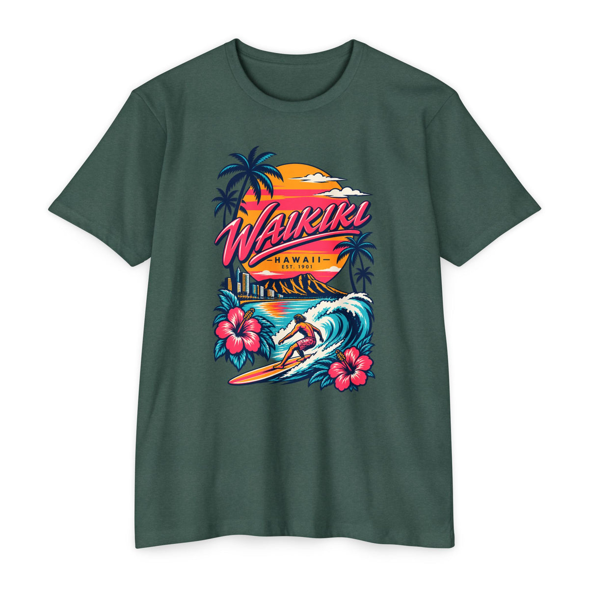 Green surf T-shirt with palm trees, ocean waves, surfer and flower graphic