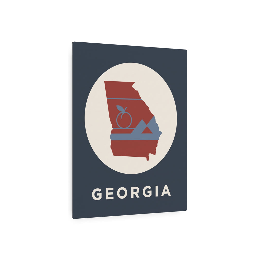 Georgia metal art sign with red state outline, peach/flower icon, and GEORGIA text on dark blue