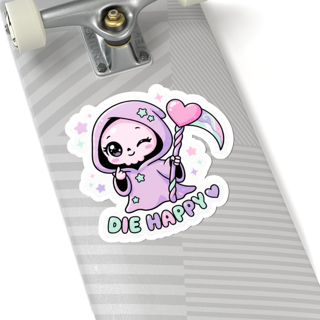 Cute grim reaper kiss-cut sticker on a striped backing, holding pink heart; “Die Happy”