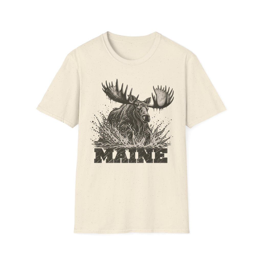 Natural beige moose graphic t-shirt with antlers splash and “MAINE” text