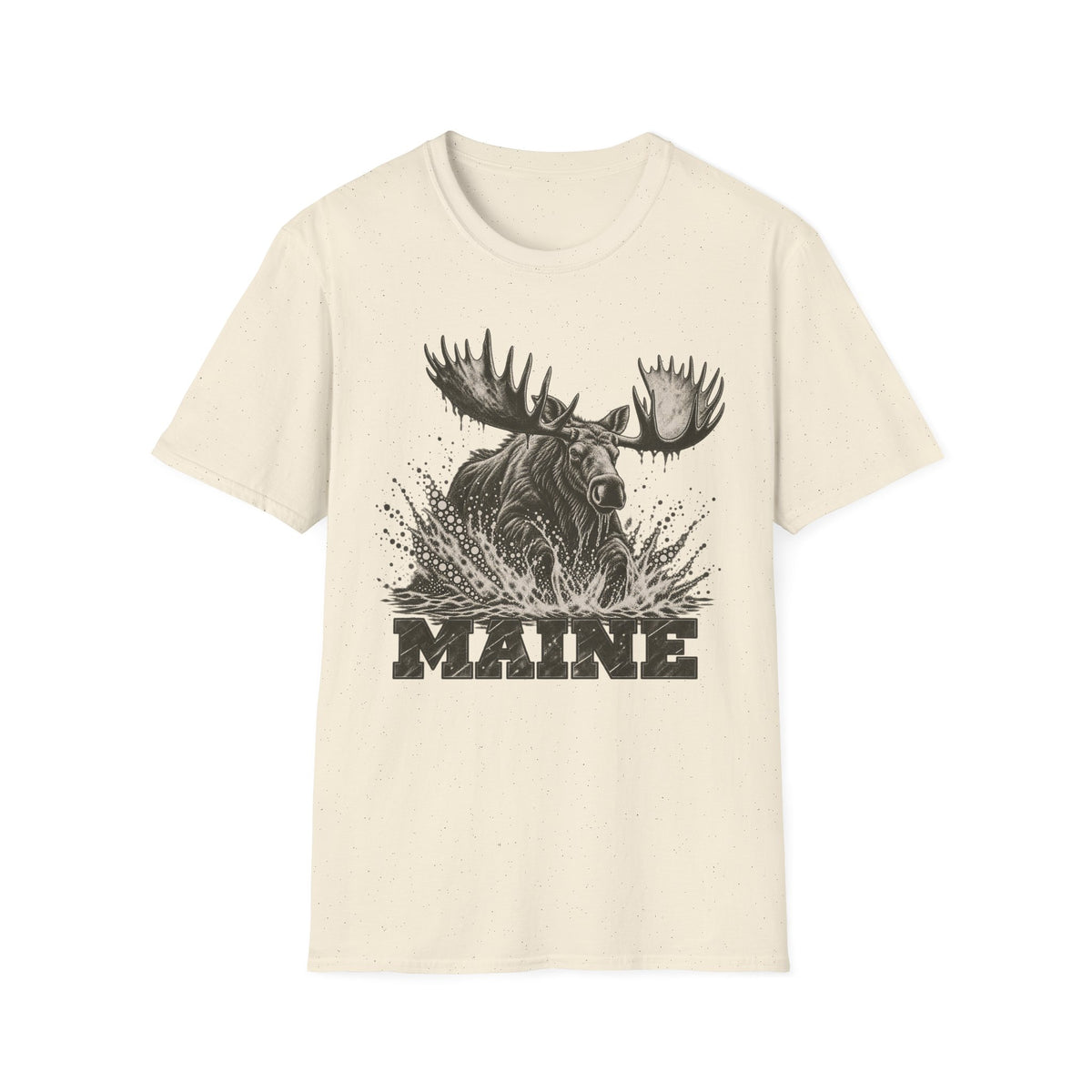 Natural beige moose graphic t-shirt with antlers splash and “MAINE” text