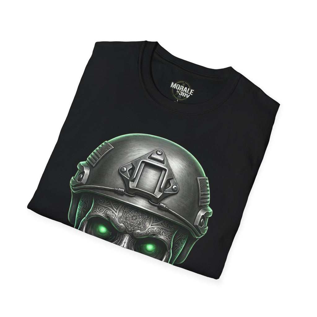 Black tactical skull T-shirt with helmet design and glowing green eyes graphic