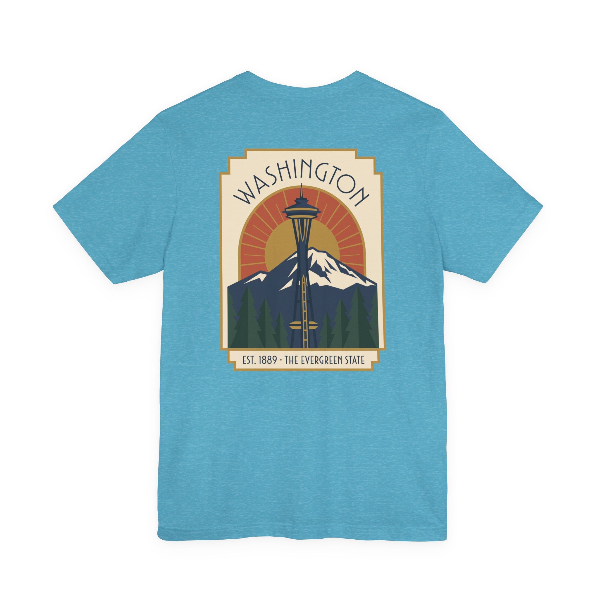 Aqua blue t-shirt with Washington Space Needle art deco graphic on front