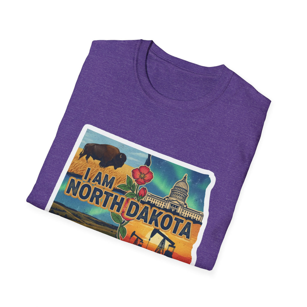 Heather purple T-shirt with I Am North Dakota bison & capitol graphic