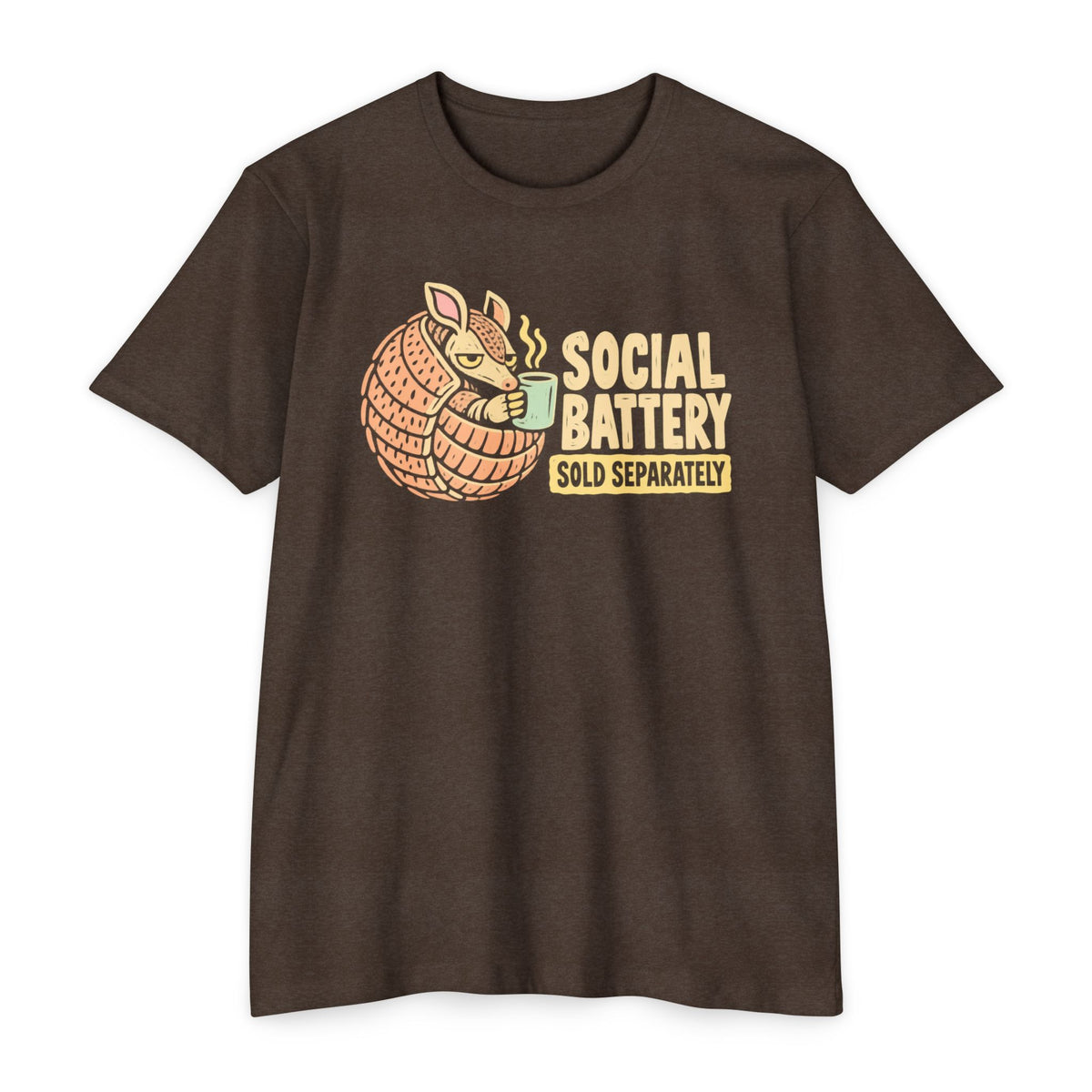 Brown t-shirt with orange armadillo graphic and “SOCIAL BATTERY” text