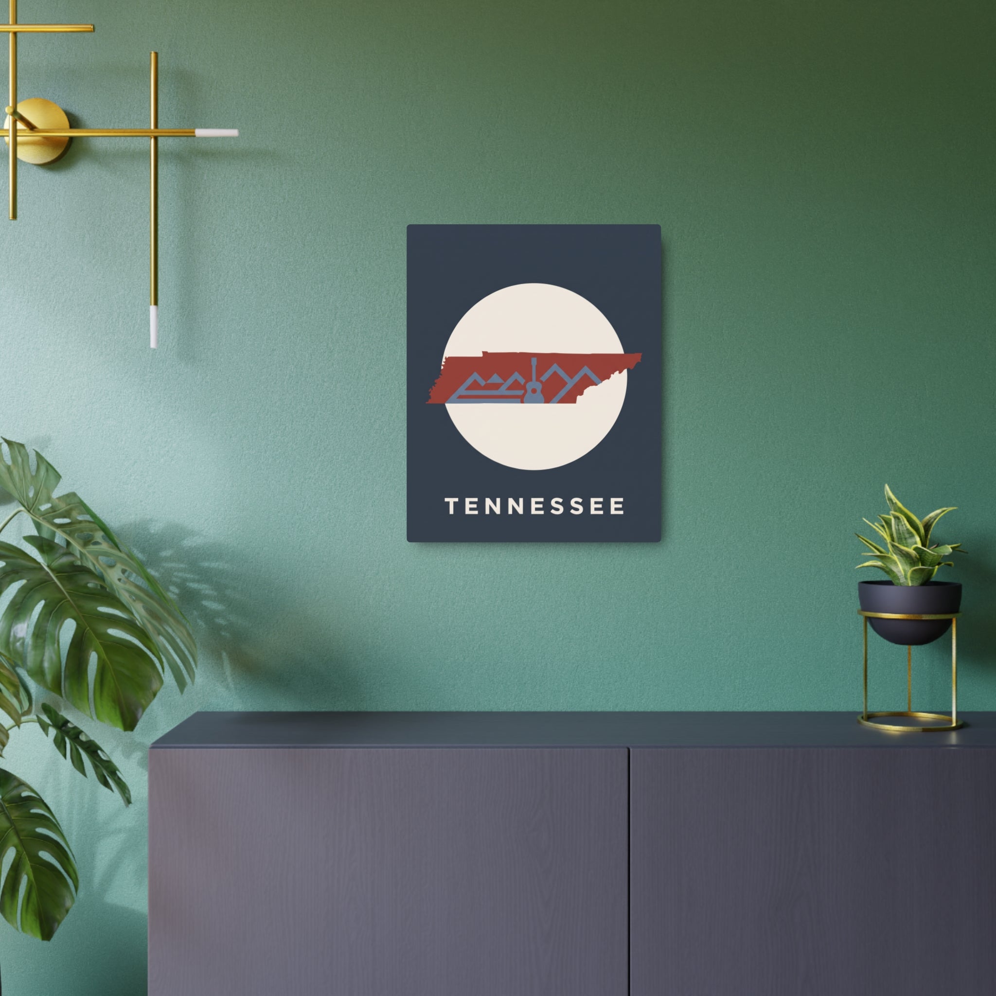 Tennessee metal art sign with mountain skyline and sunrise circle, blue square backing