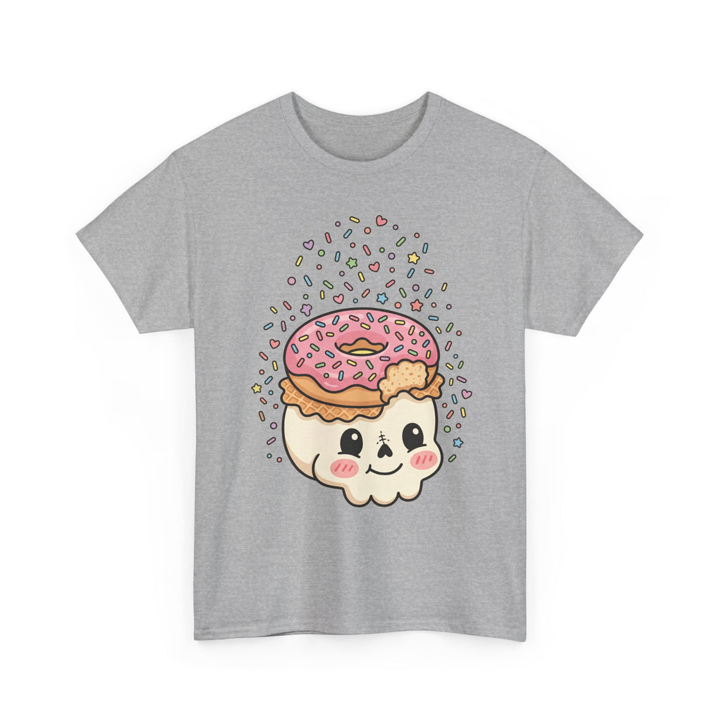 Sport grey crew-neck T-shirt with donut skull face graphic and colorful sprinkles.