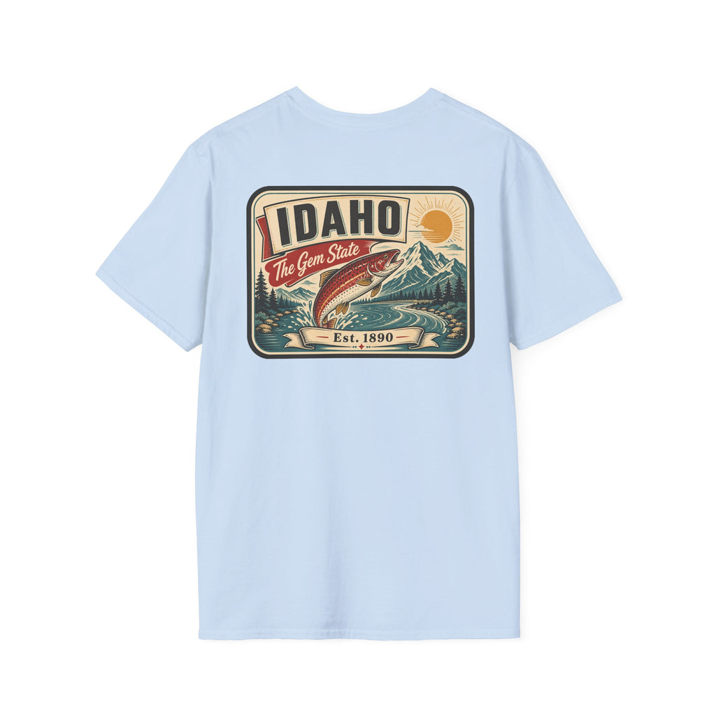 Light blue t-shirt with Idaho travel badge graphic and trout illustration