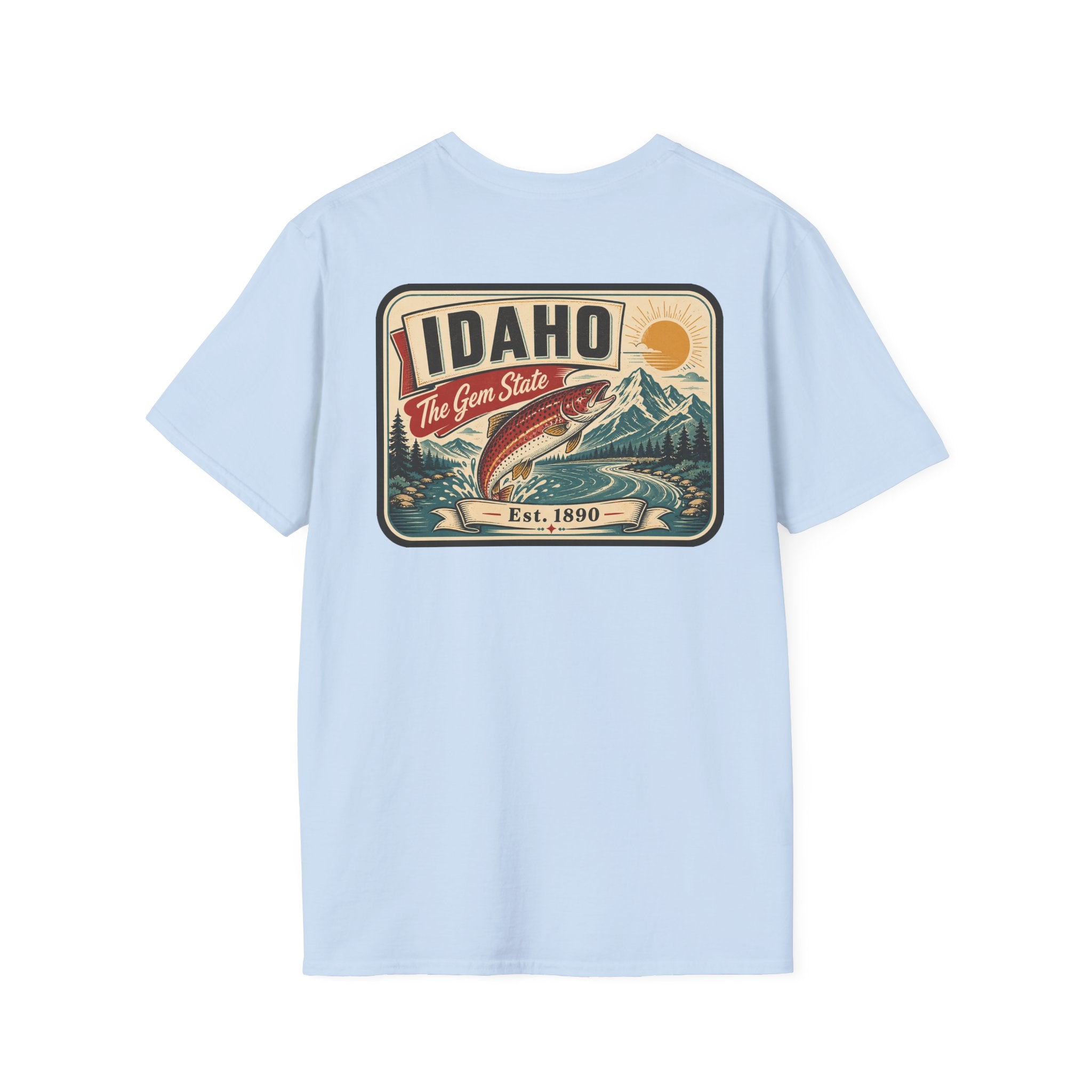 Light blue t-shirt with Idaho travel badge graphic and trout illustration