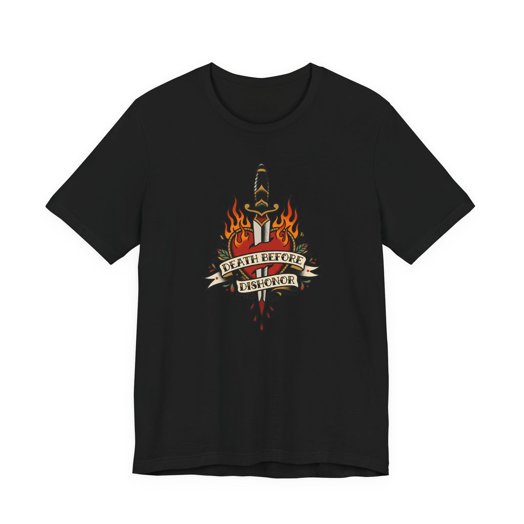 Black crewneck T-shirt with flame dagger graphic on front