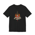Black crewneck T-shirt with flame dagger graphic on front