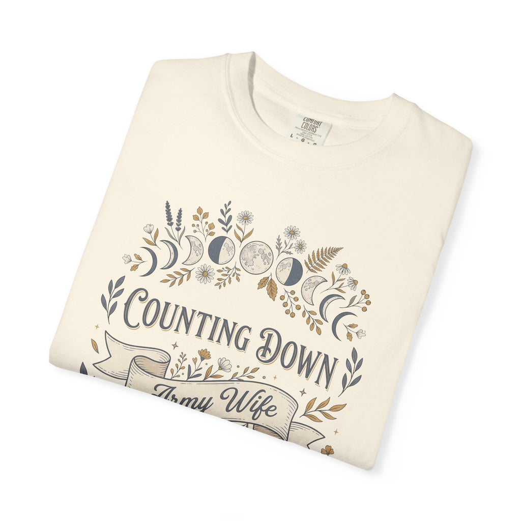 Ivory army wife countdown T-shirt with floral “Counting Down” front graphic