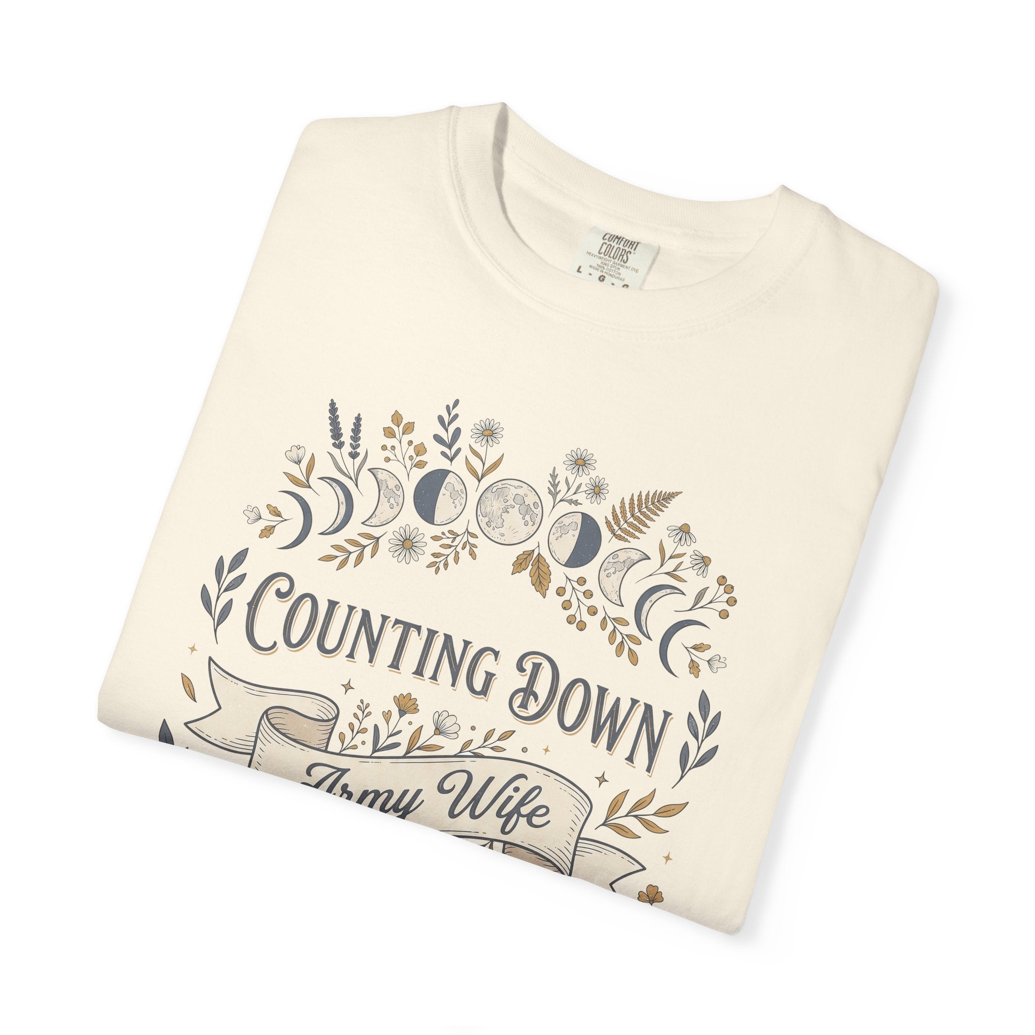 Ivory army wife countdown T-shirt with floral “Counting Down” front graphic