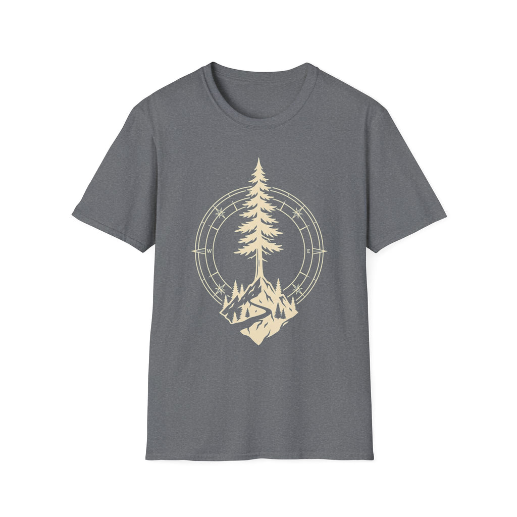 Graphite heather T-shirt with pine tree compass graphic in light yellow-gold