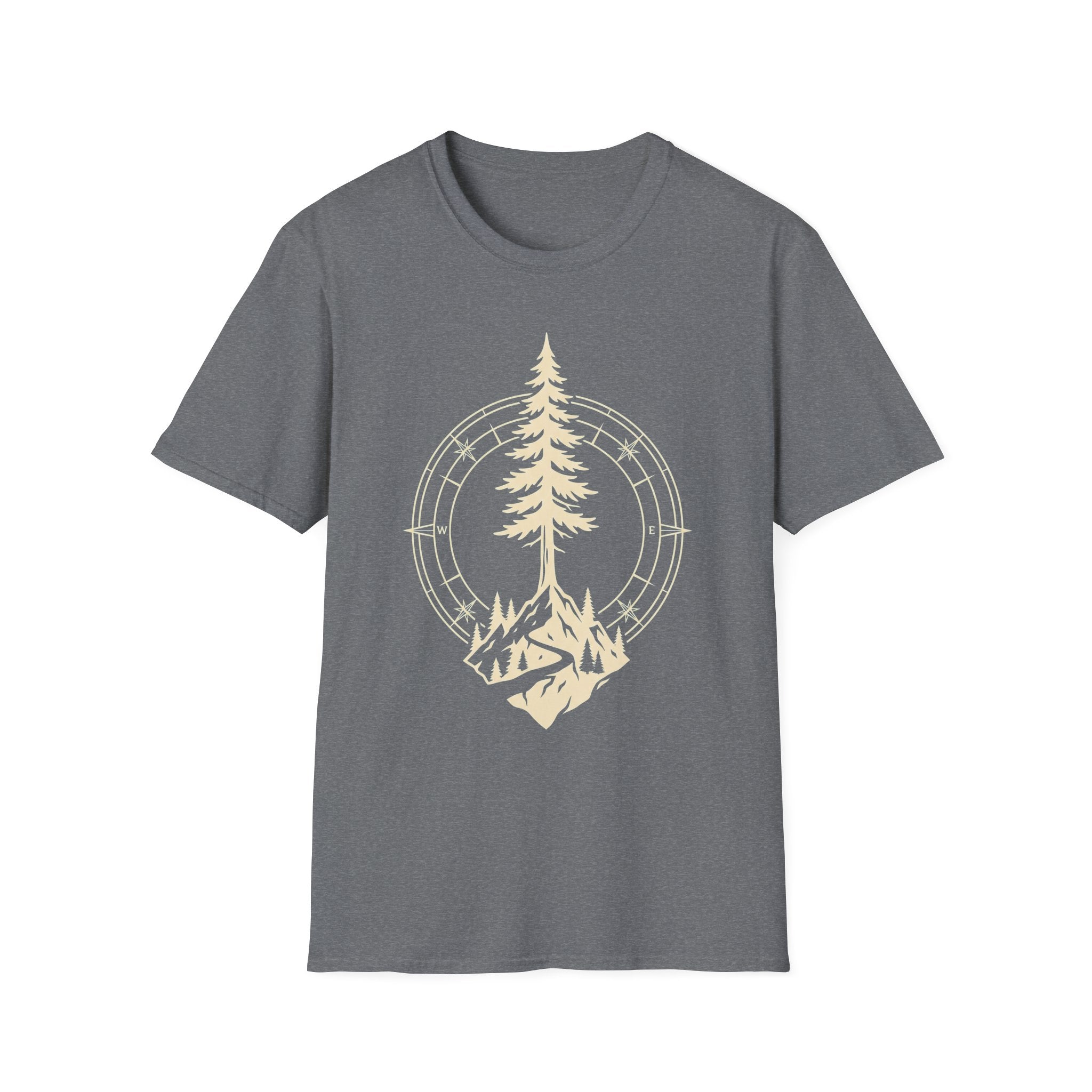 Graphite heather T-shirt with pine tree compass graphic in light yellow-gold